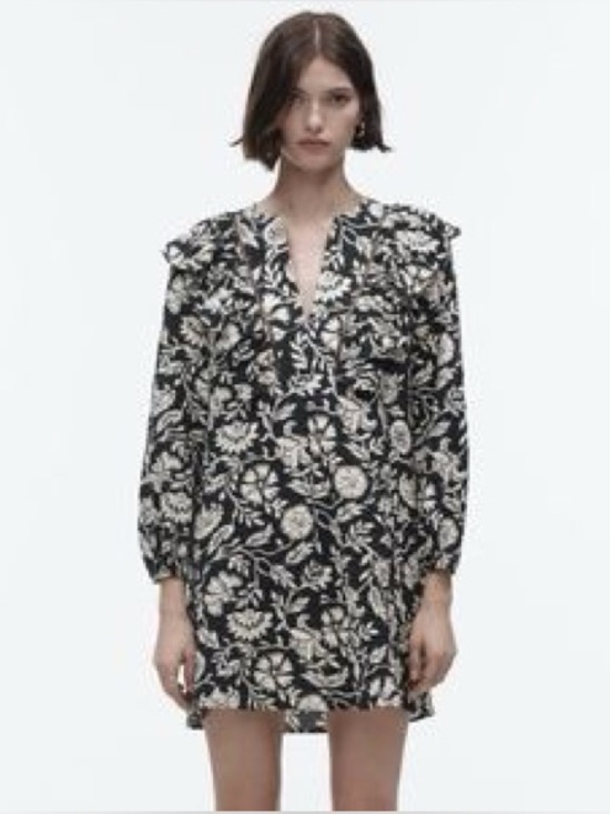 Zara Dresses & Skirts - Zara - White Floral Print Black Ruffle Long Sleeve Boho Mini Dress Size Small
